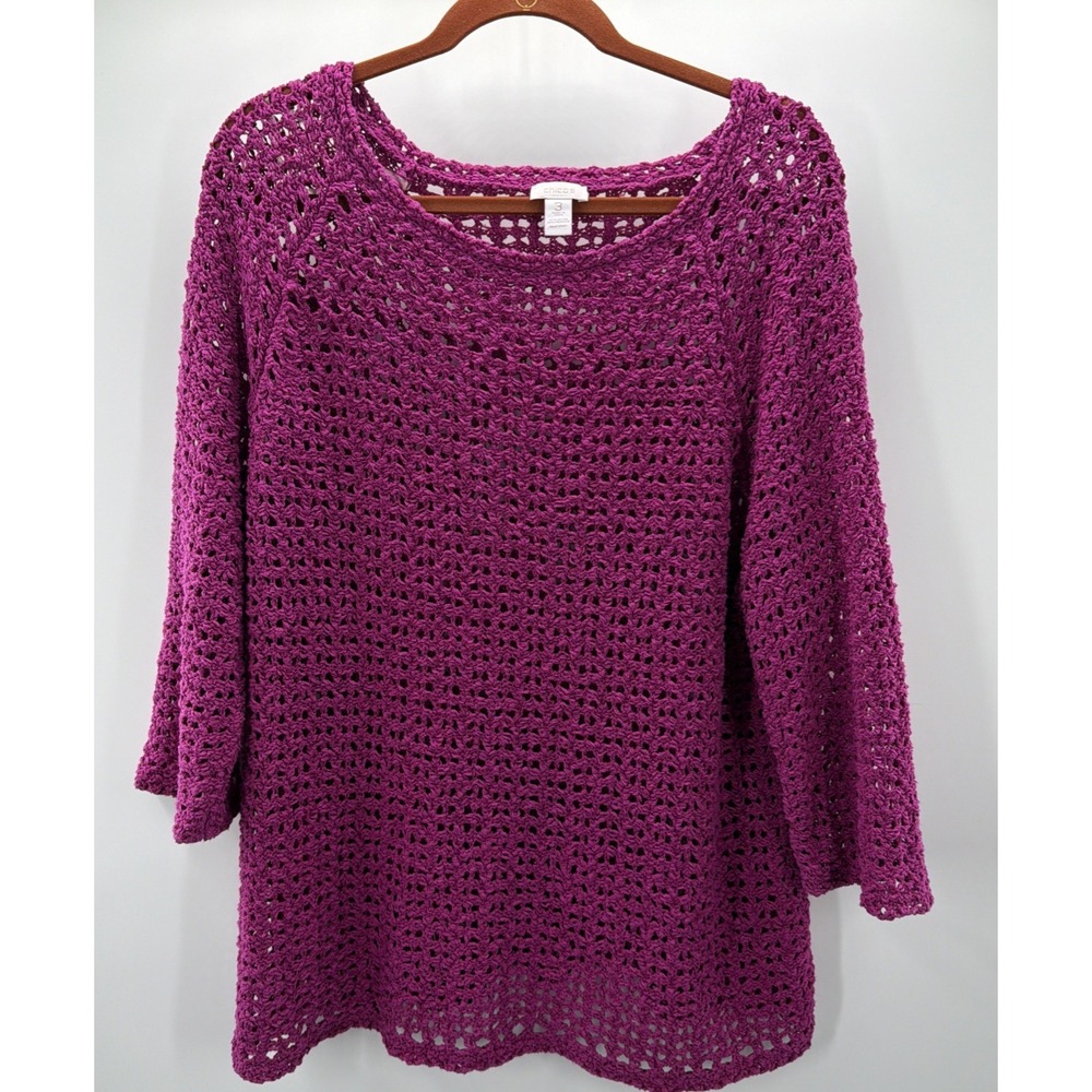 Chico's Open Knit Pullover Sweater Purple Size XL Woman Boho Fairy Crochet